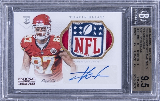 2013 National Treasures "Rookie Signature Materials" NFL Shield Red #334 Travis Kelce Signed NFL Shield Patch Rookie Card (#1/1) - BGS GEM MINT 9.5/BGS 10